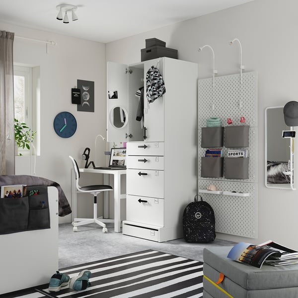 SMÅSTAD / UPPFÖRA Armoire-penderie, blanc gris/avec 4 tiroirs, 23 5/8x25 5/8x77 1/8 "