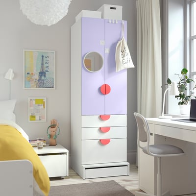 SMÅSTAD / UPPFÖRA Armoire-penderie, blanc mauve/avec 3 tiroirs, 23 5/8x25 5/8x77 1/8 "