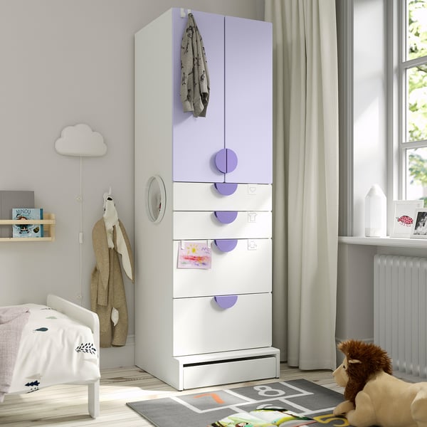 SMÅSTAD / UPPFÖRA Armoire-penderie, blanc mauve/avec 4 tiroirs, 23 5/8x25 5/8x77 1/8 "