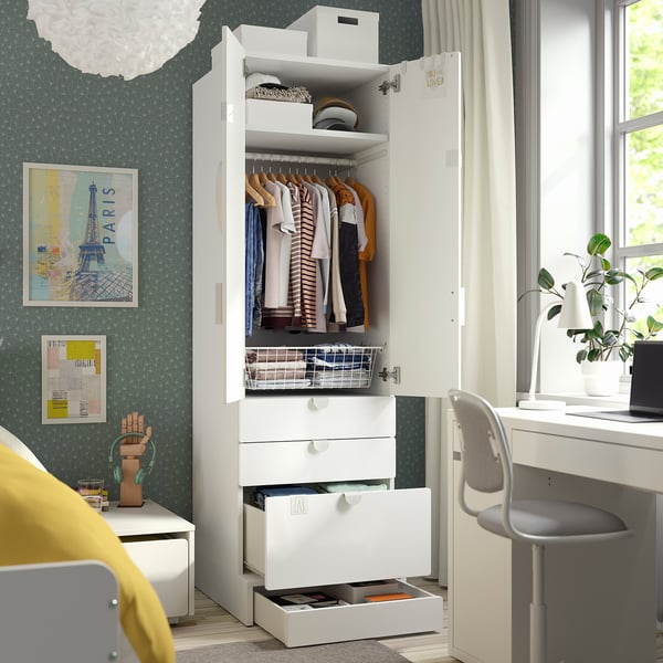 SMÅSTAD / UPPFÖRA Armoire-penderie, blanc vert clair/avec 3 tiroirs, 23 5/8x25 5/8x77 1/8 "