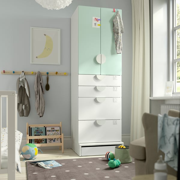 SMÅSTAD / UPPFÖRA Armoire-penderie, blanc vert clair/avec 4 tiroirs, 23 5/8x25 5/8x77 1/8 "