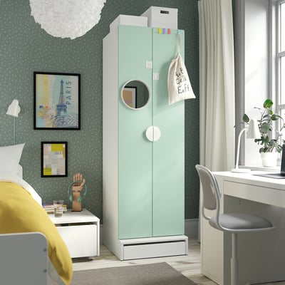 SMÅSTAD / UPPFÖRA Armoire-penderie, blanc/vert clair, 23 5/8x25 5/8x77 1/8 "