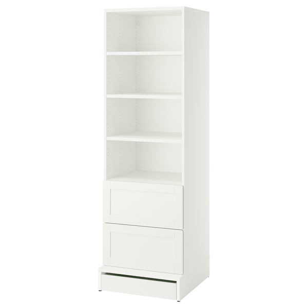 SMÅSTAD / UPPFÖRA Bibliothèque, blanc avec cadre/avec 2 tiroirs, 23 5/8x25 5/8x77 1/8 "