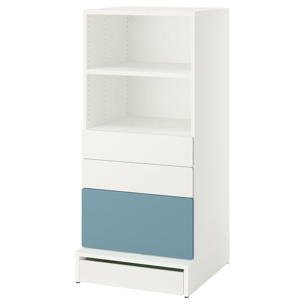 SMÅSTAD / UPPFÖRA Bibliothèque, blanc bleu/avec 3 tiroirs, 23 5/8x25 5/8x53 1/2 "