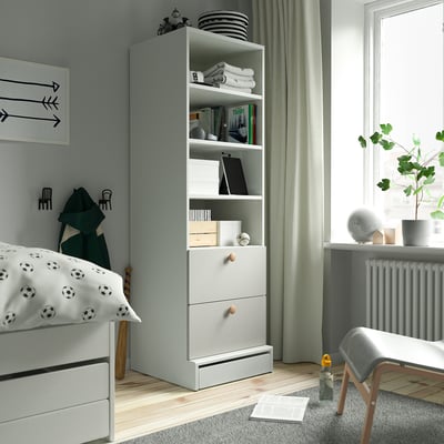 SMÅSTAD / UPPFÖRA Bibliothèque, blanc gris/avec 2 tiroirs, 23 5/8x25 5/8x77 1/8 "