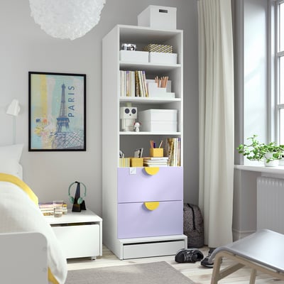 SMÅSTAD / UPPFÖRA Bibliothèque, blanc mauve/avec 2 tiroirs, 23 5/8x25 5/8x77 1/8 "