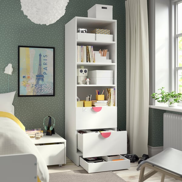 SMÅSTAD / UPPFÖRA Bibliothèque, blanc vert clair/avec 2 tiroirs, 23 5/8x25 5/8x77 1/8 "