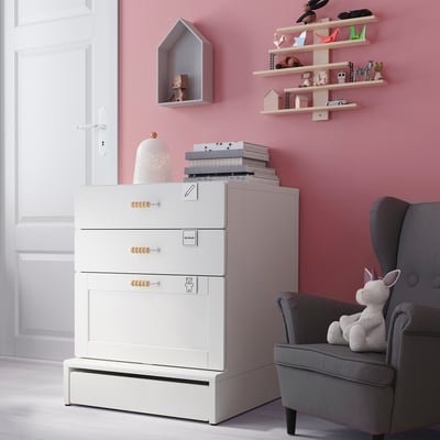 SMÅSTAD / UPPFÖRA Commode à 3 tiroirs, blanc blanc/avec cadre, 23 5/8x25 5/8x29 7/8 "
