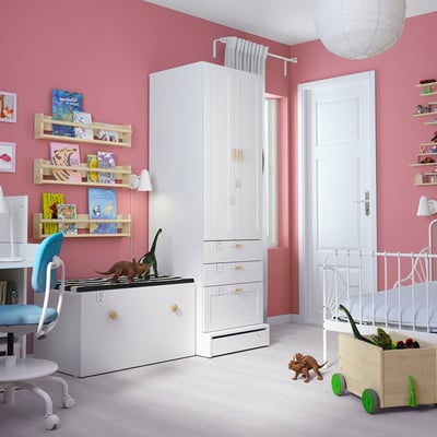 SMÅSTAD / UPPFÖRA Rangement, blanc avec cadre/avec banc, 59x25 5/8x77 1/8 "