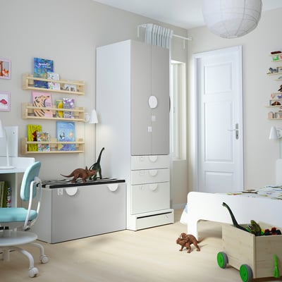 SMÅSTAD / UPPFÖRA Rangement, blanc gris/avec banc, 59x25 5/8x77 1/8 "