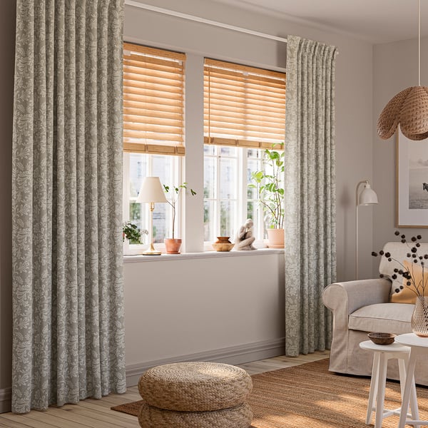 SNÖRUTA Rideaux, 2 panneaux, gris-beige clair blanc/motif floral ruban fronceur, 57x98 "