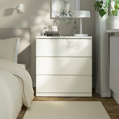 STORKLINTA Commode à 3 tiroirs, blanc/fonction ouverture/fixation, 27 1/2x18 7/8x29 1/2 "
