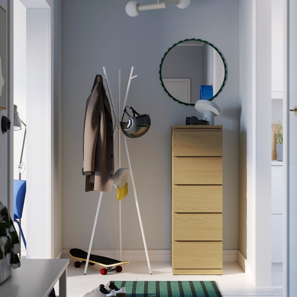 STORKLINTA Commode à 5 tiroirs, eff chêne/fonction ouverture/fixation, 15 3/4x18 7/8x47 1/4 "