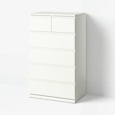 STORKLINTA Commode à 6 tiroirs, blanc/fonction ouverture/fixation, 27 1/2x18 7/8x47 1/4 "
