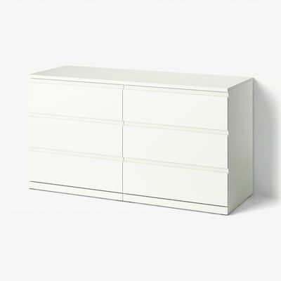STORKLINTA Commode à 6 tiroirs, blanc/fonction ouverture/fixation, 55 1/8x18 7/8x29 1/2 "
