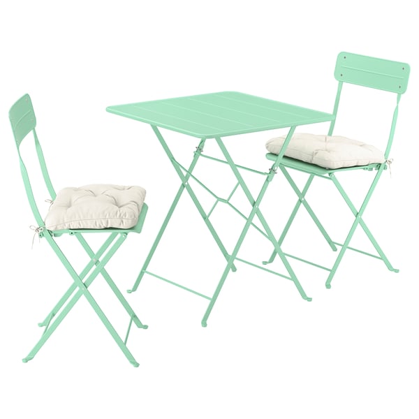 SUNDSÖ Table et 2 chaises pliantes, extérieur vert clair/vert clair Kuddarna gris clair-beige, 25 5/8x25 5/8 "
