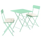 SUNDSÖ Table et 2 chaises pliantes, extérieur vert clair/vert clair Kuddarna gris clair-beige, 25 5/8x25 5/8 "