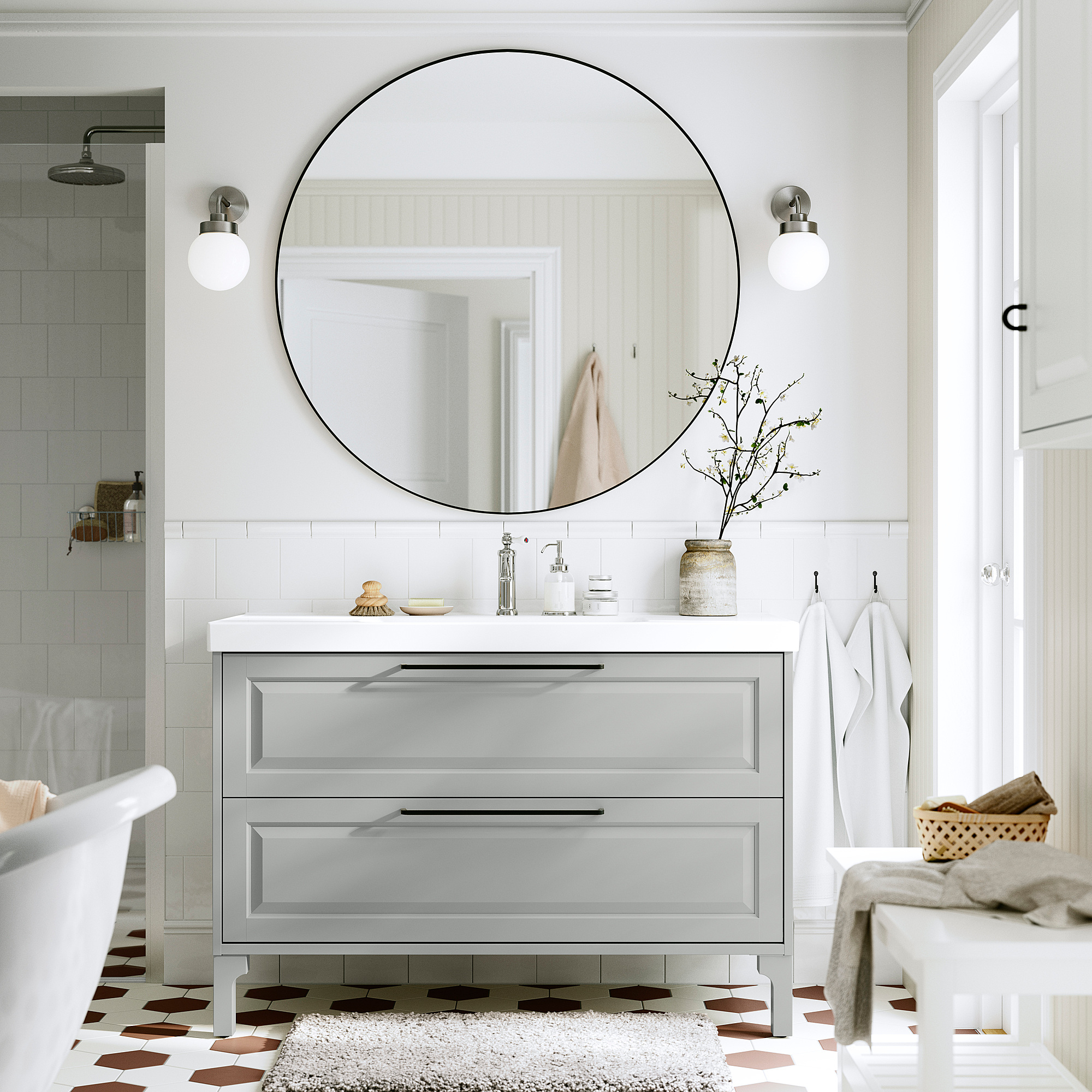 TÄNNFORSEN / ORRSJÖN Meuble à tiroirs/lavabo/mitigeur, gris clair, 49x21 3/4x34 5/8 "