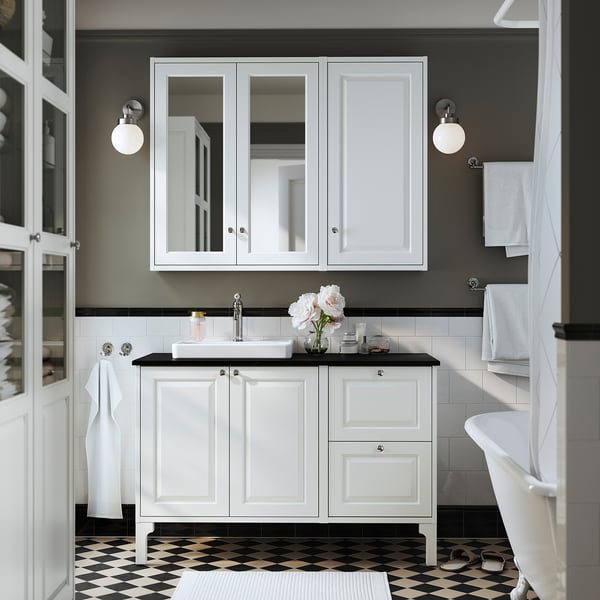 TÄNNFORSEN / ORRSJÖN Meuble de sdb avec lavabo, blanc/noir marbré, 49x21 1/2x35 3/8 "