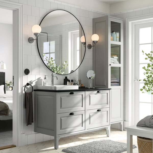 TÄNNFORSEN / ORRSJÖN Meuble de sdb avec lavabo, gris clair/noir marbré, 49x21 1/2x35 3/8 "