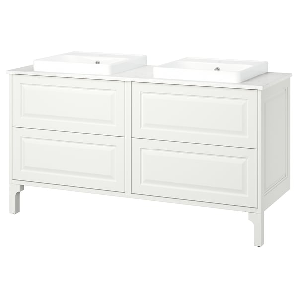 TÄNNFORSEN / ORRSJÖN Meuble de sdb avec lavabos, blanc/blanc marbré, 61x21 1/2x35 3/8 "