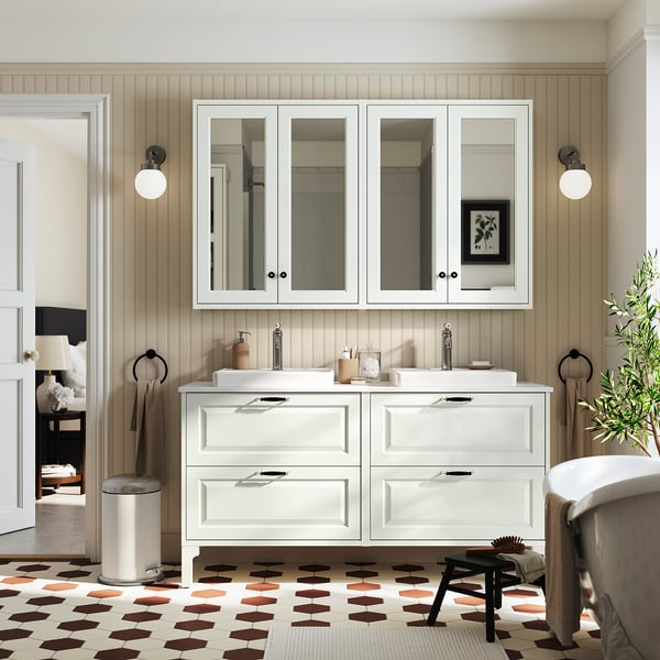 TÄNNFORSEN / ORRSJÖN Meuble de sdb avec lavabos, blanc/blanc marbré, 61x21 1/2x35 3/8 "