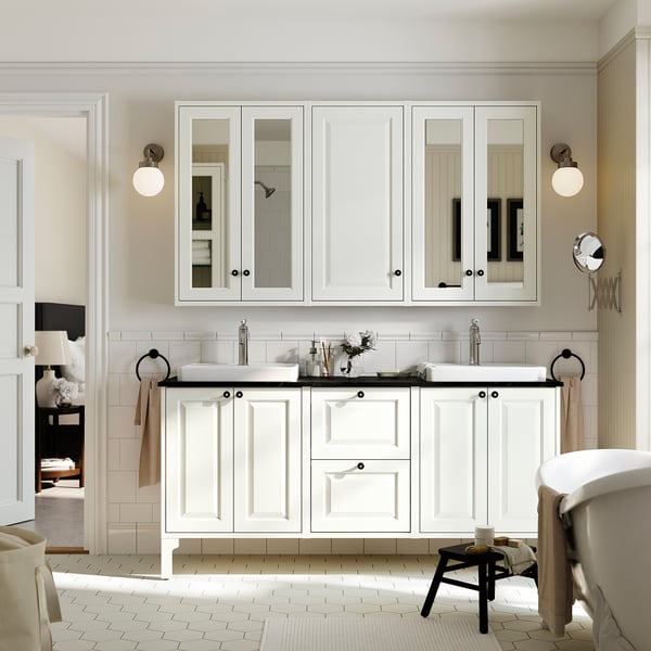 TÄNNFORSEN / ORRSJÖN Meuble de sdb avec lavabos, blanc/noir marbré, 67x21 1/2x35 3/8 "