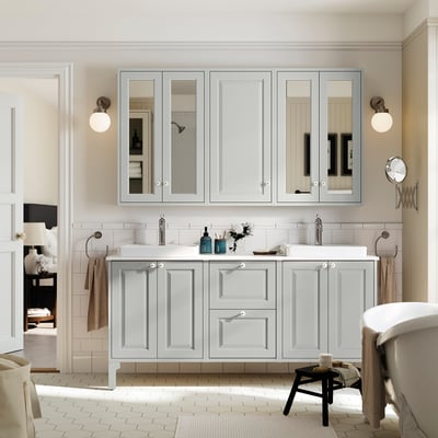 TÄNNFORSEN / ORRSJÖN Meuble de sdb avec lavabos, gris clair/blanc marbré, 67x21 1/2x35 3/8 "