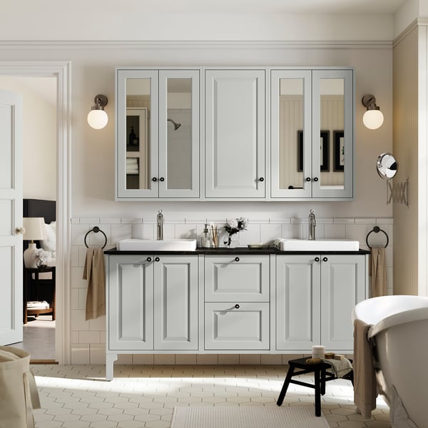 TÄNNFORSEN / ORRSJÖN Meuble de sdb avec lavabos, gris clair/noir marbré, 67x21 1/2x35 3/8 "
