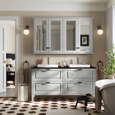 TÄNNFORSEN / ORRSJÖN Meuble de sdb avec lavabos, gris clair/noir marbré, 61x21 1/2x35 3/8 "