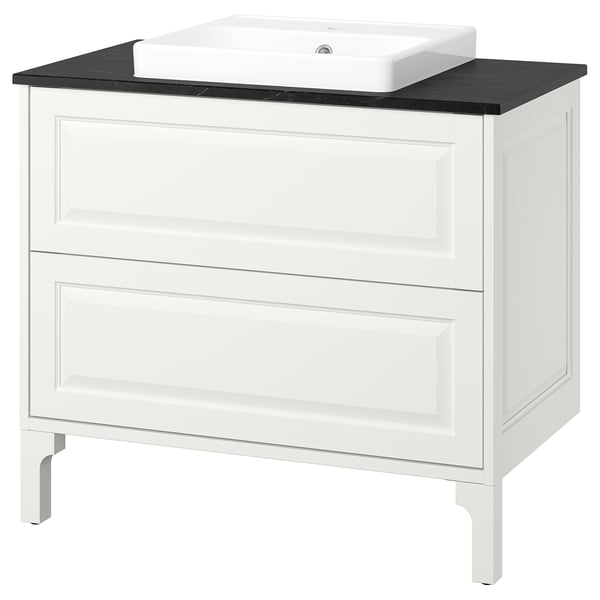 TÄNNFORSEN / ORRSJÖN Meuble sdb avec tiroirs/lavabo, blanc/noir marbré, 37x21 1/2x35 3/8 "