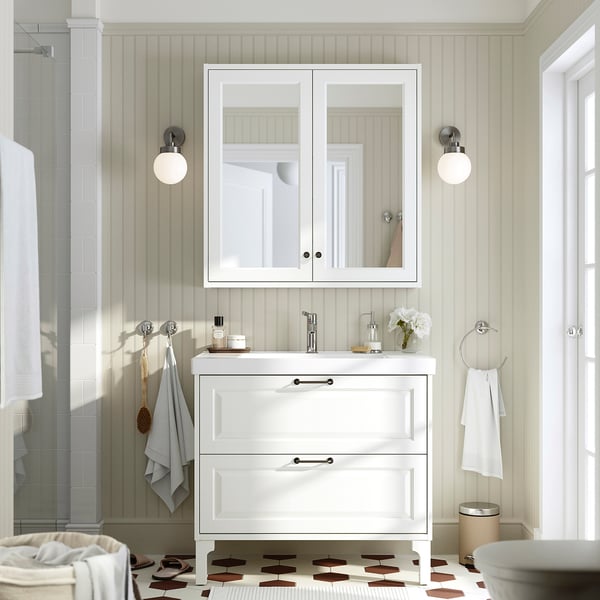 TÄNNFORSEN / ORRSJÖN Meuble sdb avec tiroirs/lavabo, blanc, 37x21 3/4x34 5/8 "