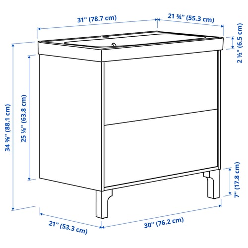 TÄNNFORSEN / ORRSJÖN Meuble sdb avec tiroirs/lavabo, blanc, 31x21 3/4x34 5/8 "