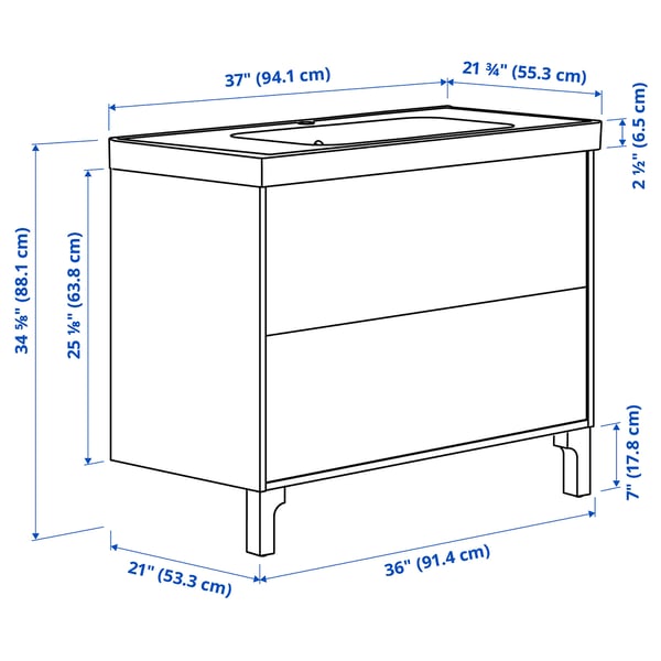 TÄNNFORSEN / ORRSJÖN Meuble sdb avec tiroirs/lavabo, blanc, 37x21 3/4x34 5/8 "