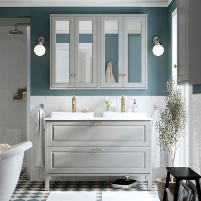 TÄNNFORSEN / ORRSJÖN Meuble sdb avec tiroirs/lavabo, gris clair/blanc marbré, 49x21 1/2x35 3/8 "