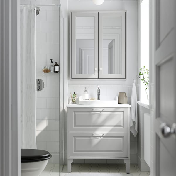 TÄNNFORSEN / RUTSJÖN Meuble à tiroirs/lavabo/mitigeur, gris clair/blanc marbré, 31x21 1/2x37 1/8 "