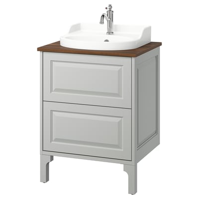 TÄNNFORSEN / RUTSJÖN Meuble à tiroirs/lavabo/mitigeur, gris clair/brun effet noyer, 25x21 1/2x37 1/8 "