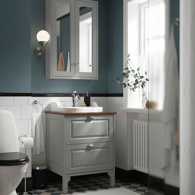 TÄNNFORSEN / RUTSJÖN Meuble à tiroirs/lavabo/mitigeur, gris clair/brun effet noyer, 25x21 1/2x37 1/8 "