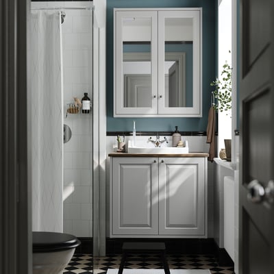 TÄNNFORSEN / RUTSJÖN Meuble à tiroirs/lavabo/mitigeur, gris clair/brun effet noyer, 31x21 1/2x30 1/8 "