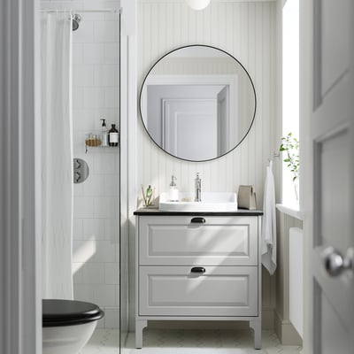 TÄNNFORSEN / RUTSJÖN Meuble à tiroirs/lavabo/mitigeur, gris clair/noir marbré, 31x21 1/2x37 1/8 "