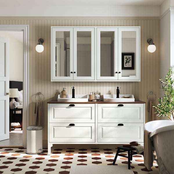 TÄNNFORSEN / RUTSJÖN Meuble de sdb avec lavabos, blanc/brun effet noyer, 61x21 1/2x37 1/8 "