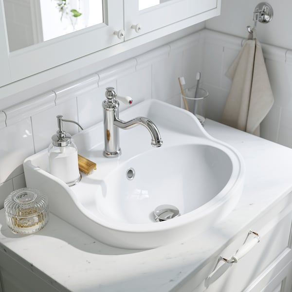 TÄNNFORSEN / RUTSJÖN Meuble de sdb avec lavabos, blanc/brun effet noyer, 61x21 1/2x37 1/8 "