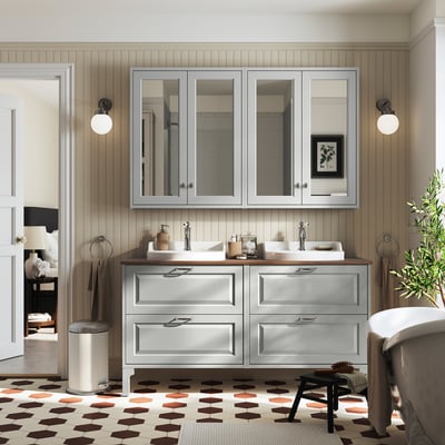 TÄNNFORSEN / RUTSJÖN Meuble de sdb avec lavabos, gris clair/brun effet noyer, 61x21 1/2x37 1/8 "