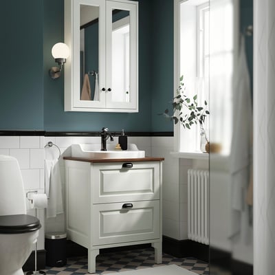 TÄNNFORSEN / RUTSJÖN Meuble sdb avec tiroirs/lavabo, blanc/brun effet noyer, 25x21 1/2x37 1/8 "