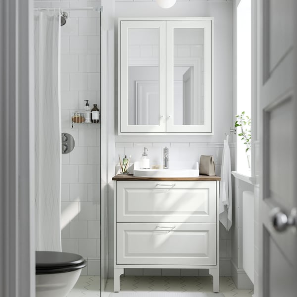 TÄNNFORSEN / RUTSJÖN Meuble sdb avec tiroirs/lavabo, blanc/brun effet noyer, 31x21 1/2x37 1/8 "