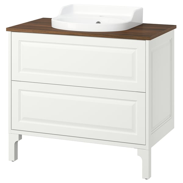 TÄNNFORSEN / RUTSJÖN Meuble sdb avec tiroirs/lavabo, blanc/brun effet noyer, 37x21 1/2x30 1/8 "