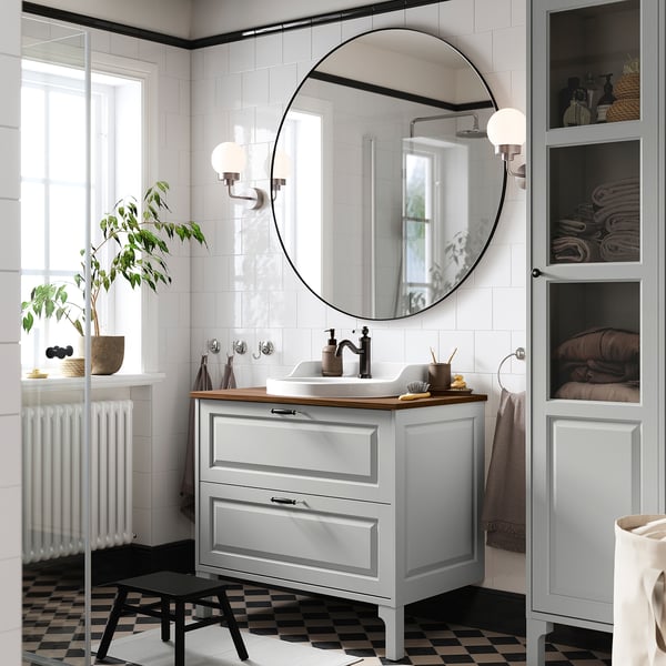TÄNNFORSEN / RUTSJÖN Meuble sdb avec tiroirs/lavabo, gris clair/brun effet noyer, 37x21 1/2x30 1/8 "