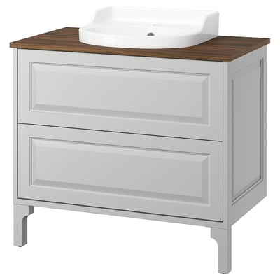 TÄNNFORSEN / RUTSJÖN Meuble sdb avec tiroirs/lavabo, gris clair/brun effet noyer, 37x21 1/2x30 1/8 "