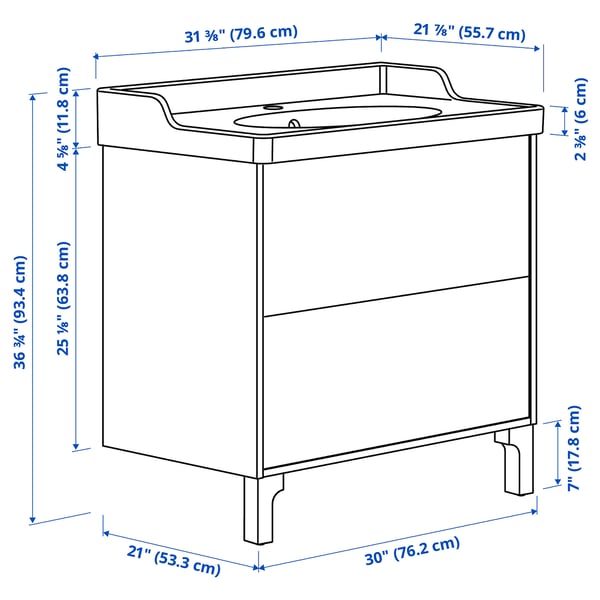 TÄNNFORSEN / RUTSJÖN Meuble sdb avec tiroirs/lavabo, gris clair, 31 3/8x21 7/8x36 3/4 "