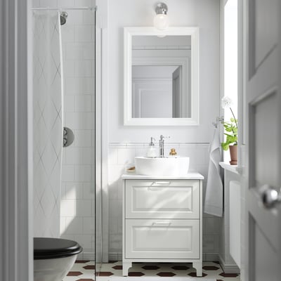 TÄNNFORSEN / TÖRNVIKEN Meuble à tiroirs/lavabo/mitigeur, blanc/blanc marbré, 25x21 1/2x35 7/8 "